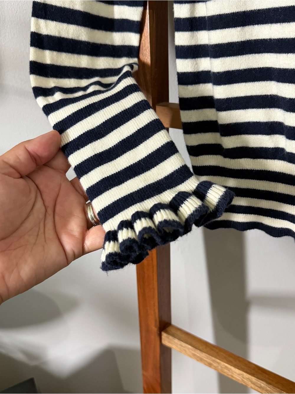 Boden 8 Blue White Stripe Wool Cotton Blend Ruffle Trim Sweater - Picture 2 of 9